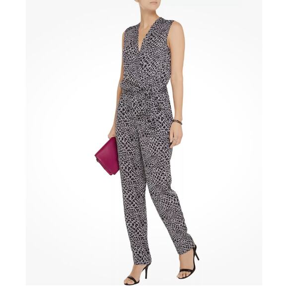 Diane Von Furstenberg DVF Rawna Silk Sleeveless Jumpsuit Black & White Snake - Picture 3 of 10